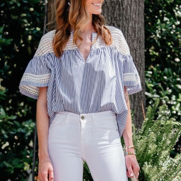Scotch & Soda Maison Scotch Striped Lace Relaxed Top - Picture 1 of 9